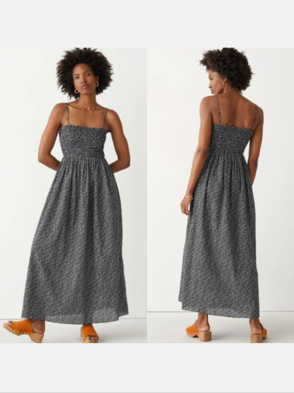 & Other Stories Smocked Maxi Dress Sundress Size US 6 Navy Blue White Adj Straps